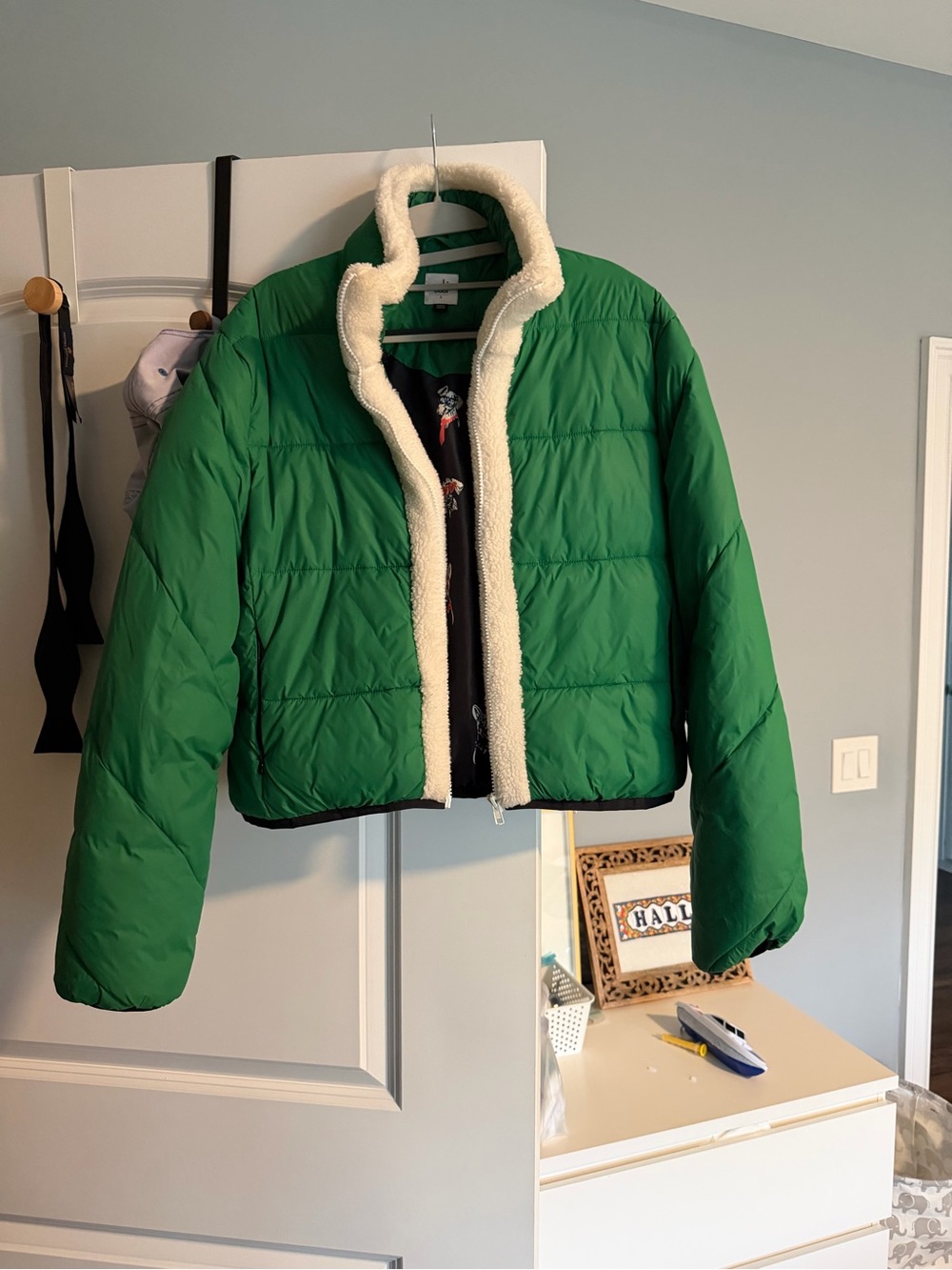 CAbi Green Puffer Jacket with Cream Sherpa Trim